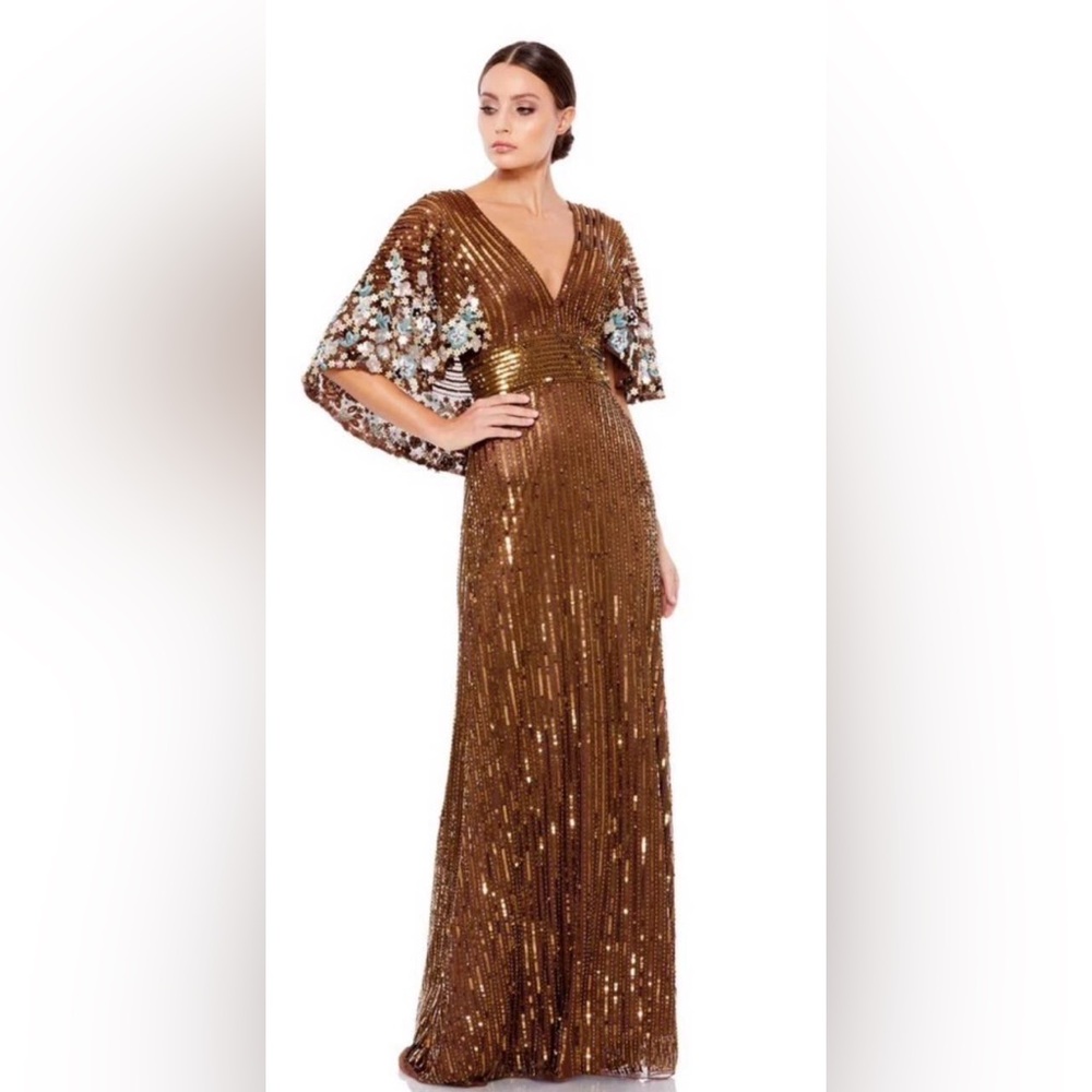 Mac Duggal Bronze Sequin Maxi Gown with Embellished Sleeves